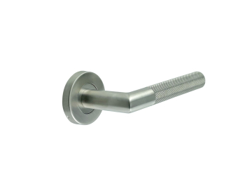 Knurled Door Handles on Rose Satin Stainless Steel Knurled Door Handles on Rose Satin Stainless Steel